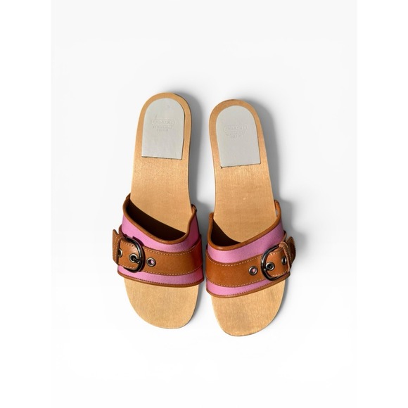 Vtg COACH Ella Twill Pink Buckle Wooden Clogs Platform Sandals Y2K Sz 8.5 Womens main image 0
